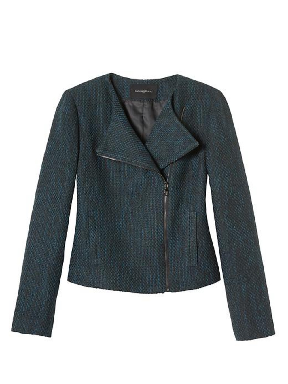 Banana Republic Teal-Blend Tweed Asymmetrical Zip Jacket